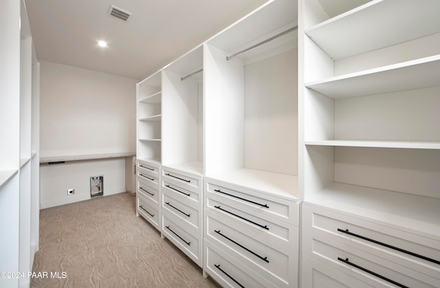 walk in closet with light carpet