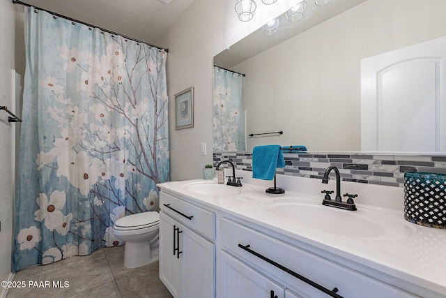 bathroom with curtained shower, tile patterned floors, vanity, decorative backsplash, and toilet