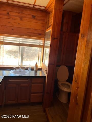 bathroom featuring wooden walls, toilet, and vanity