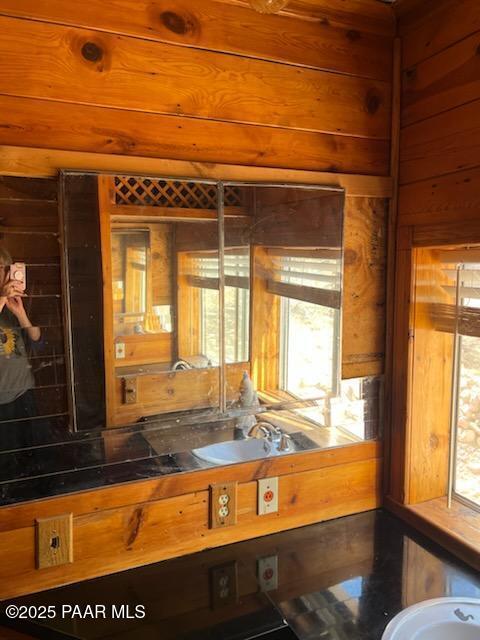 bathroom with wooden walls and a sink