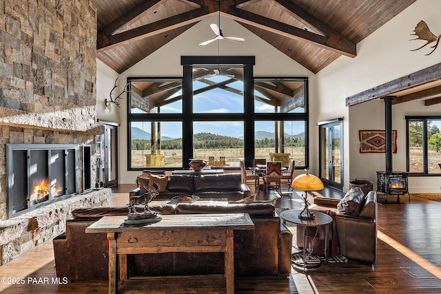 8222 N Spring Valley Rd, Parks, AZ 86018 - living room with a wood stove, high vaulted ceiling, hardwood / wood-style flooring, and wood ceiling