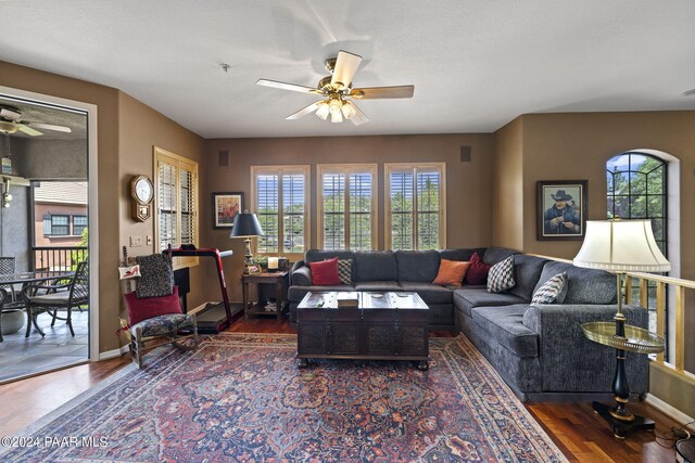 1716 Alpine Meadows Ln Unit 1105, Prescott, AZ 86303 - living room with ceiling fan, dark hardwood / wood-style flooring, and a textured ceiling