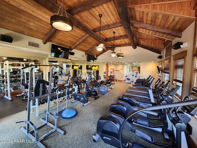 1716 Alpine Meadows Ln Unit 1105, Prescott, AZ 86303 - gym with high vaulted ceiling, ceiling fan, and wooden ceiling
