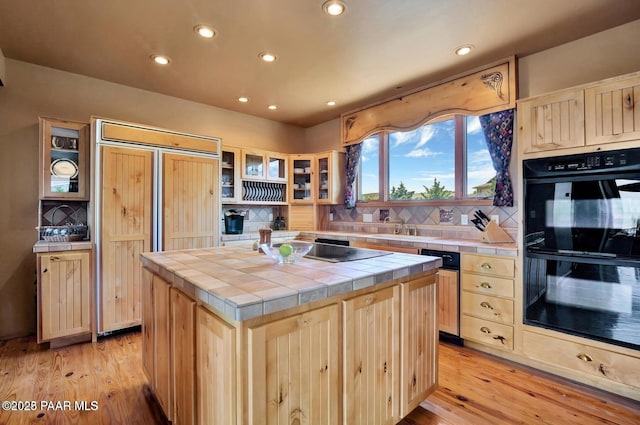6310 N Michele Ln, Prescott, AZ 86305 - kitchen featuring tile counters, paneled refrigerator, light brown cabinetry, recessed lighting, and tasteful backsplash