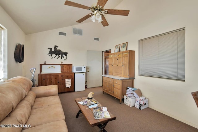 6310 N Michele Ln, Prescott, AZ 86305 - carpeted living area with a ceiling fan and lofted ceiling