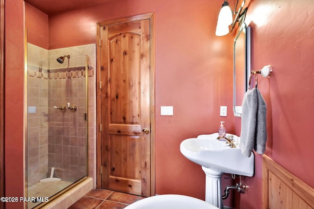 6310 N Michele Ln, Prescott, AZ 86305 - bathroom featuring a stall shower, tile patterned flooring, and wainscoting