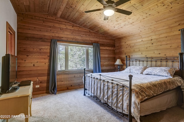1135 N Rose Quartz Dr, Prescott, AZ 86303 - bedroom featuring lofted ceiling, wooden walls, carpet flooring, wooden ceiling, and ceiling fan