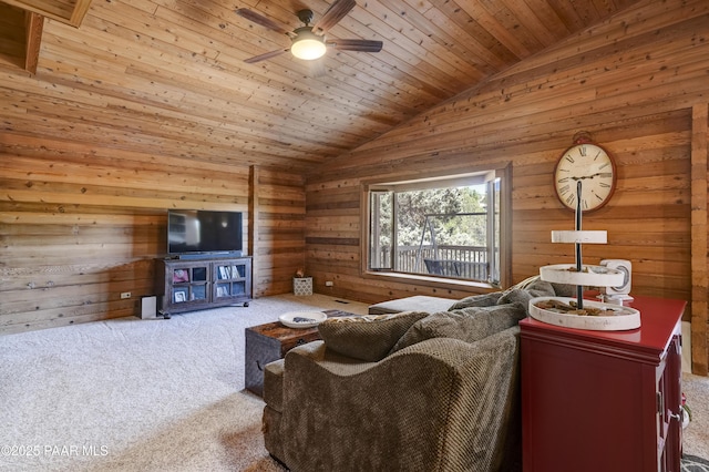 1135 N Rose Quartz Dr, Prescott, AZ 86303 - living room with carpet, lofted ceiling, wood walls, ceiling fan, and wood ceiling