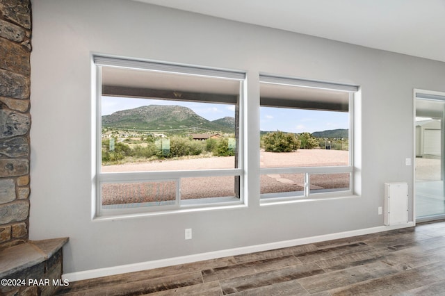 details featuring a mountain view and hardwood / wood-style flooring