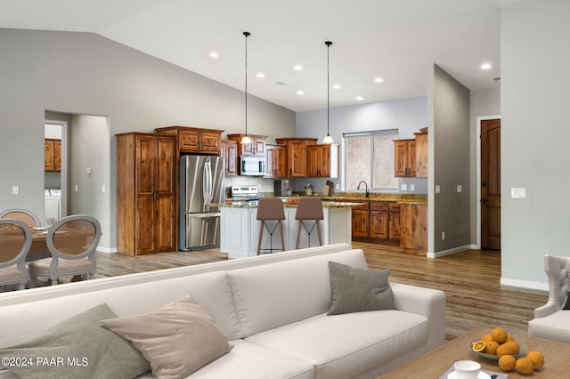 living room featuring high vaulted ceiling, light wood-type flooring, and washer / clothes dryer