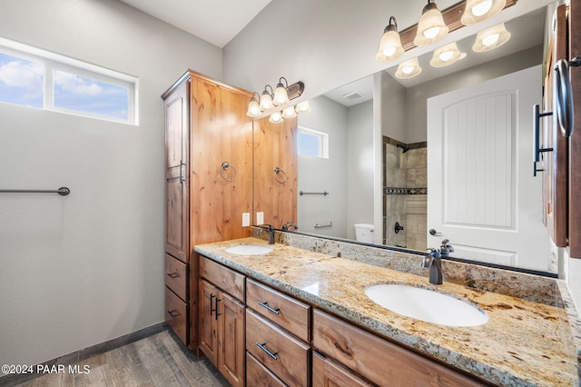 bathroom featuring plenty of natural light, vanity, hardwood / wood-style floors, and toilet