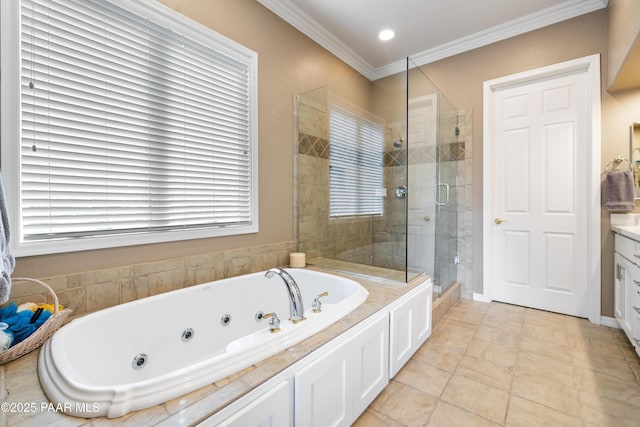 full bath with vanity, ornamental molding, a tub with jets, and a shower stall