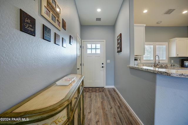 doorway to outside with sink and dark hardwood / wood-style floors