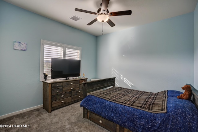 carpeted bedroom with ceiling fan