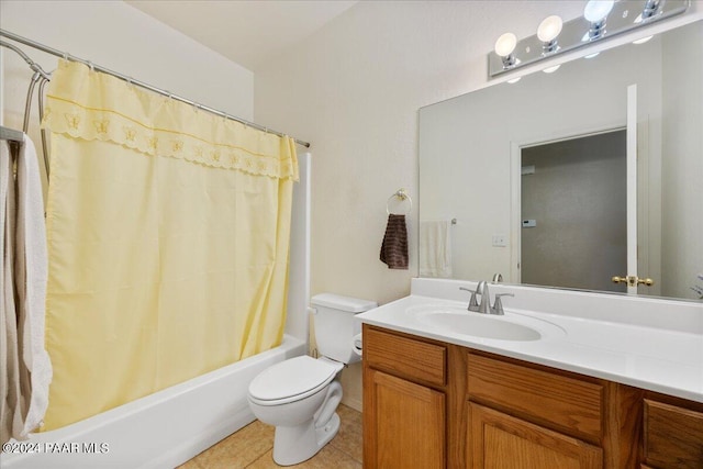 full bathroom with toilet, vanity, tile patterned floors, and shower / tub combo with curtain