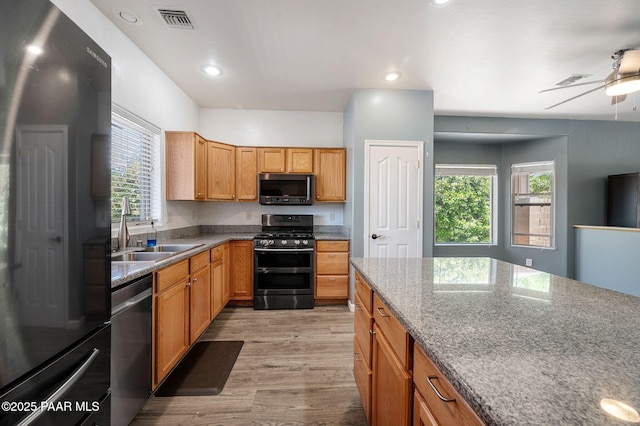 kitchen with sink, a wealth of natural light, light hardwood / wood-style floors, and appliances with stainless steel finishes