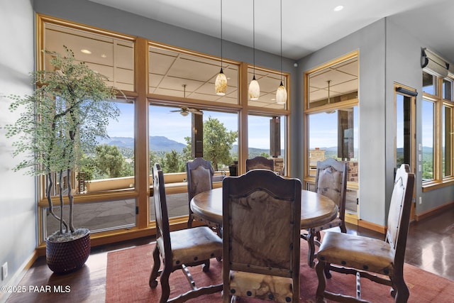 dining area featuring dark hardwood / wood-style flooring and a mountain view