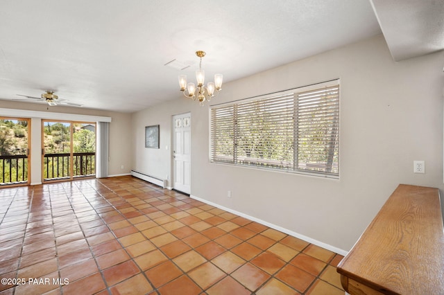 interior space featuring baseboard heating, tile patterned floors, ceiling fan with notable chandelier, baseboards, and visible vents
