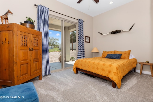 carpeted bedroom featuring access to exterior, baseboards, a ceiling fan, and recessed lighting