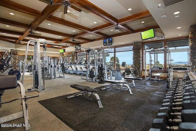 exercise room featuring coffered ceiling and ceiling fan