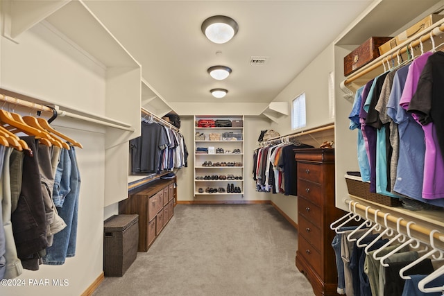 walk in closet with light colored carpet