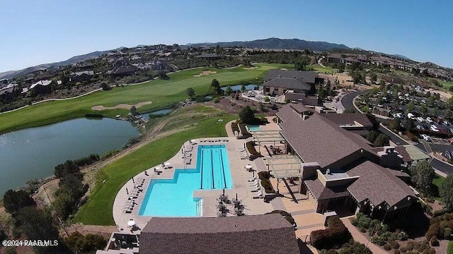 aerial view with a water and mountain view