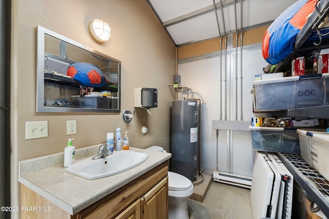 13225 N Bull Run Rd, Prescott, AZ 86305 - bathroom with electric water heater, a baseboard radiator, vanity, and concrete floors
