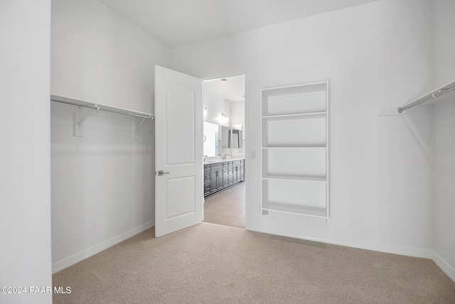 spacious closet featuring light colored carpet