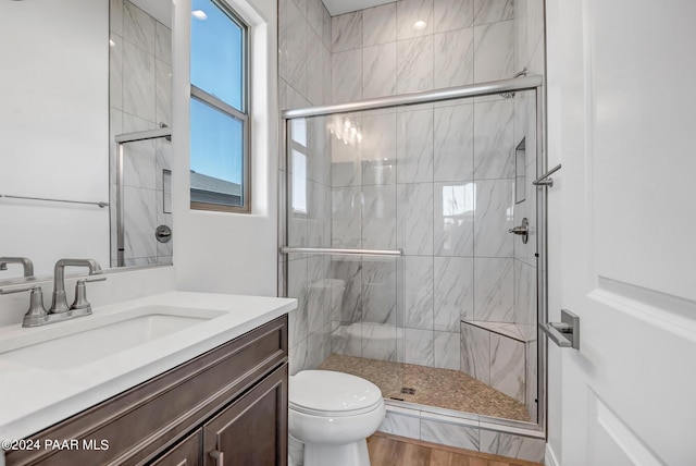 bathroom with hardwood / wood-style flooring, vanity, toilet, and a shower with door