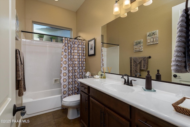 5245 Wellness Way, Prescott, AZ 86301 - bathroom featuring toilet, vanity, tile patterned flooring, and shower / bathtub combination with curtain