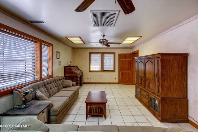 10412 E Prescott Dells Ranch Rd, Dewey-Humboldt, AZ 86327 - living area featuring a ceiling fan, light tile patterned floors, and crown molding