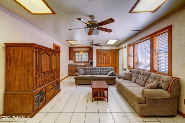 10412 E Prescott Dells Ranch Rd, Dewey-Humboldt, AZ 86327 - living room featuring a ceiling fan, light tile patterned flooring, and ornamental molding