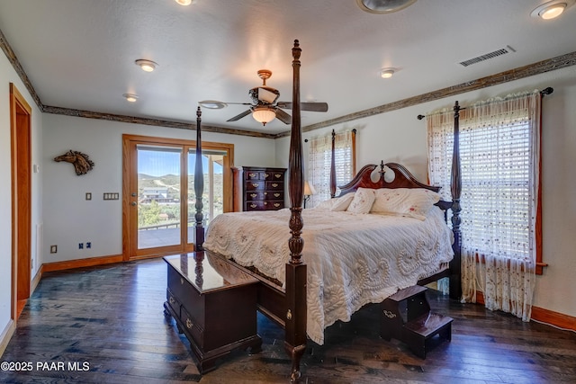 10412 E Prescott Dells Ranch Rd, Dewey-Humboldt, AZ 86327 - bedroom featuring access to outside, hardwood / wood-style flooring, crown molding, and ceiling fan