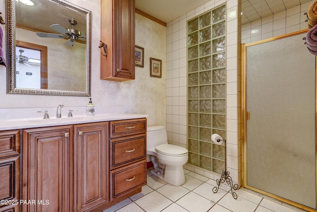 10412 E Prescott Dells Ranch Rd, Dewey-Humboldt, AZ 86327 - full bathroom featuring a stall shower, tile patterned flooring, a ceiling fan, vanity, and crown molding