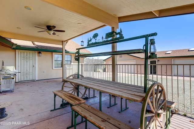 10412 E Prescott Dells Ranch Rd, Dewey-Humboldt, AZ 86327 - wooden terrace featuring a patio area, ceiling fan, area for grilling, and outdoor dining area