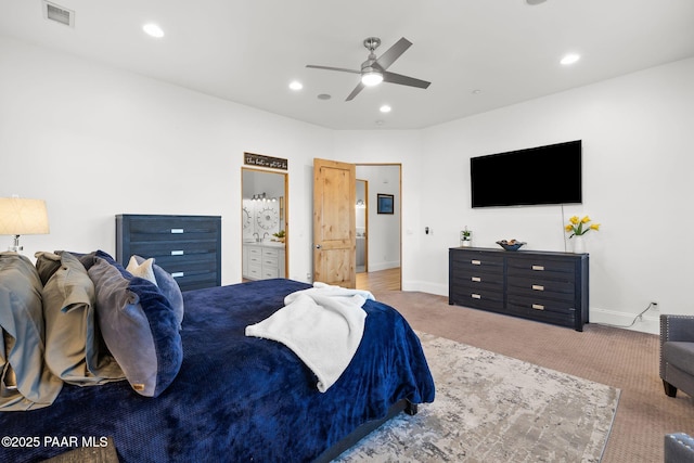 carpeted bedroom with ceiling fan