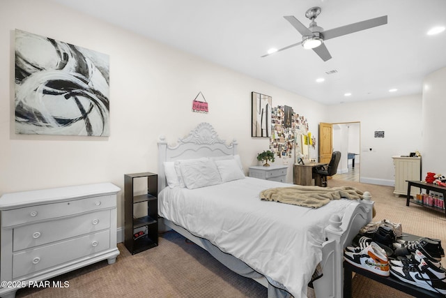 bedroom featuring carpet flooring and ceiling fan