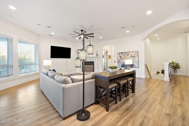 living room with ceiling fan and light hardwood / wood-style flooring