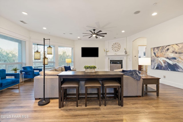 living room featuring ceiling fan, plenty of natural light, and hardwood / wood-style floors