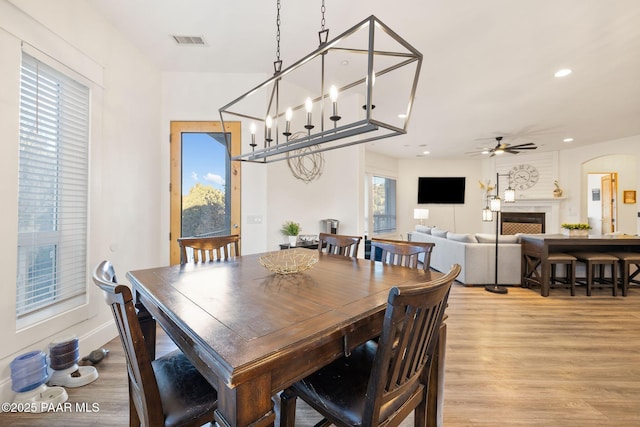 dining space with ceiling fan and light wood-type flooring