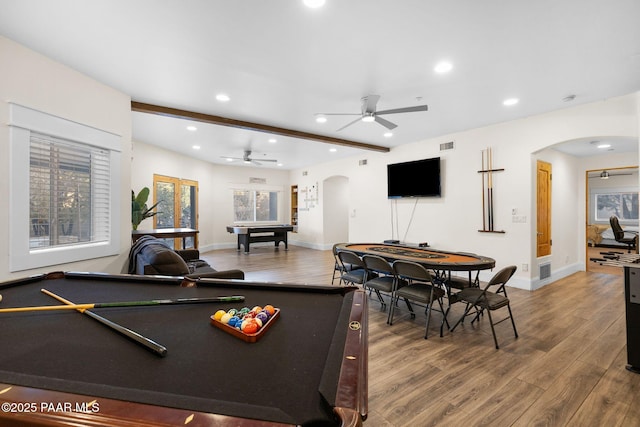 playroom with hardwood / wood-style floors, billiards, and ceiling fan