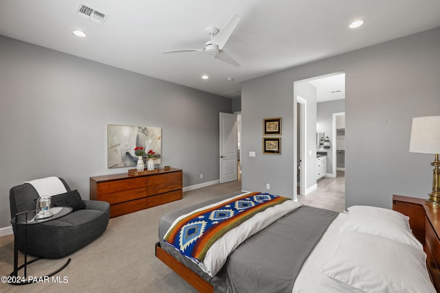 bedroom with recessed lighting, carpet, baseboards, visible vents, and ceiling fan