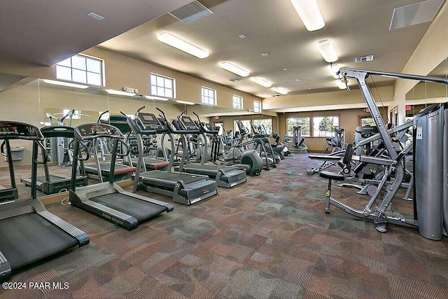 gym featuring carpet flooring and visible vents