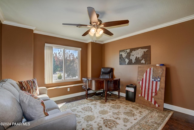 home office featuring ceiling fan, ornamental molding, and hardwood / wood-style flooring