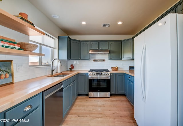 kitchen with under cabinet range hood, stainless steel appliances, a sink, visible vents, and open shelves