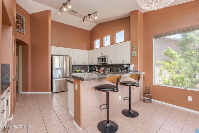 2315 W Desert Willow Dr, Cottonwood, AZ 86326 - kitchen with appliances with stainless steel finishes, light tile patterned flooring, rail lighting, and high vaulted ceiling