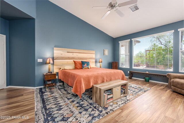 2315 W Desert Willow Dr, Cottonwood, AZ 86326 - bedroom featuring baseboards, visible vents, wood finished floors, and high vaulted ceiling