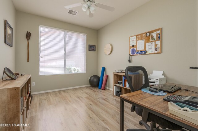 2315 W Desert Willow Dr, Cottonwood, AZ 86326 - office area with visible vents, a ceiling fan, light wood finished floors, and baseboards