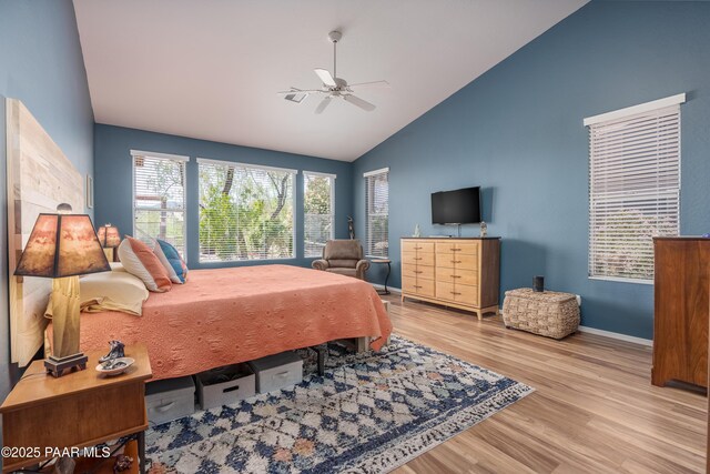 2315 W Desert Willow Dr, Cottonwood, AZ 86326 - bedroom featuring baseboards, ceiling fan, high vaulted ceiling, and wood finished floors