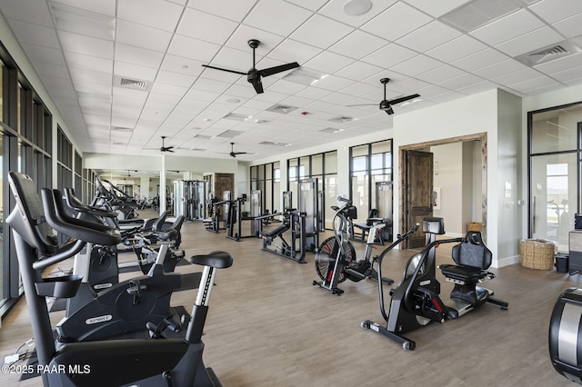 5385 Rocky Vista Dr, Prescott, AZ 86301 - workout area featuring ceiling fan, plenty of natural light, a drop ceiling, and wood finished floors
